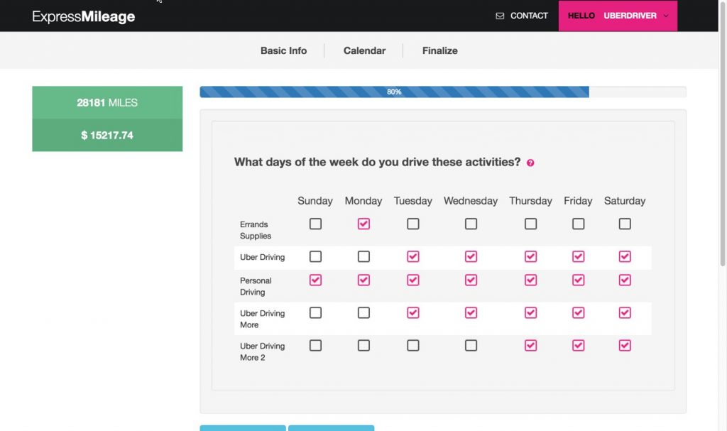 UBER mileage log days of week