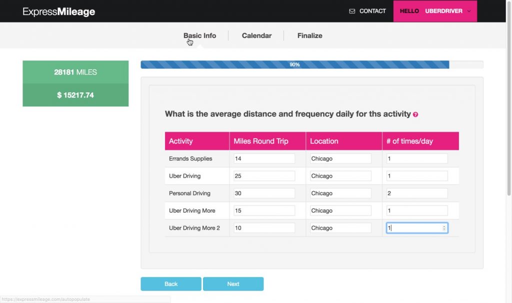 UBER mileage log details