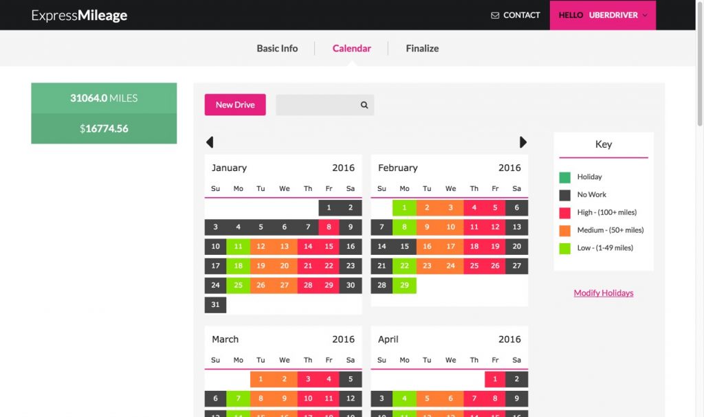 Uber Mileage Log calendar view